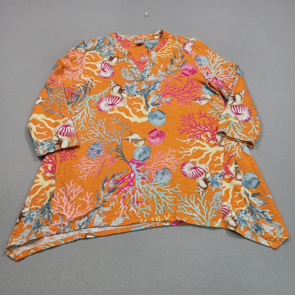Chicos Womens Size 1 Orange Coral Sea Shell Sharkbite Hem 3/4 Sleeve Tunic Top